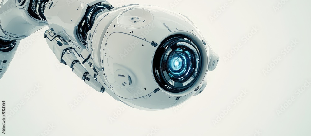 Poster close up view of a floating robot on a white background created in 3d illustration style