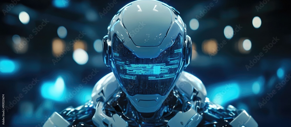 Poster 3d rendering of an ai robot representing machine learning concepts featuring a graphic hud interface