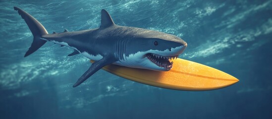 Obraz premium Cyber shark gripping a surfboard with ample space for text 3D illustration