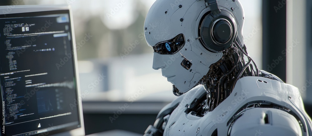 Poster 3d rendering of a humanoid robot utilizing a headset while interacting with a monitor