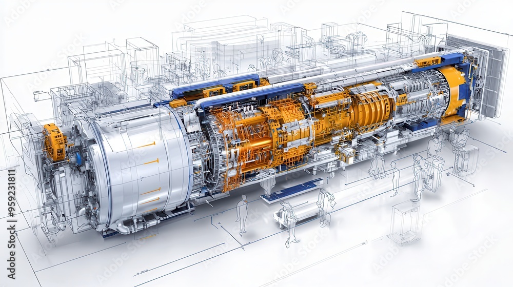 Poster d model of a jet engine with blueprint and engineers