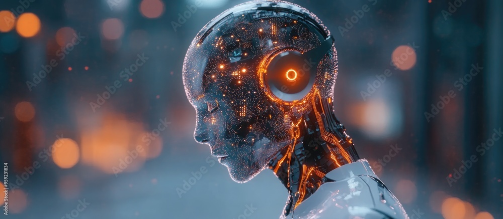 Poster robot on a blurred backdrop generating artificial intelligence within a digital brain 3d visualizati