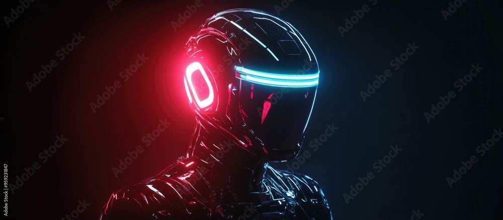 Poster portrait of a futuristic cybernetic figure wearing glowing neon armor and a visor helmet a bionic ro