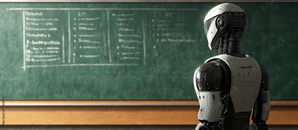 Poster humanoid robot interacting in a classroom setting featuring a green chalkboard 3d rendering