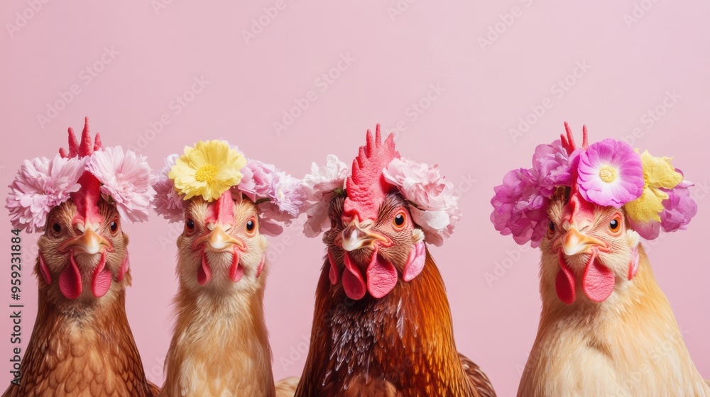 Wall mural a group of three chickens wearing flower wreaths on their heads, ai