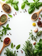 Fresh culinary herbs and spices frame with wooden spoons