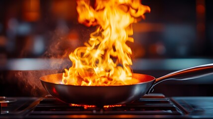 Close-up of a chef's pan with flames spiraling upward, the scene illuminated by a soft orange glow, blending realism with futuristic elements, Cinematic, High Contrast, HDR Photography