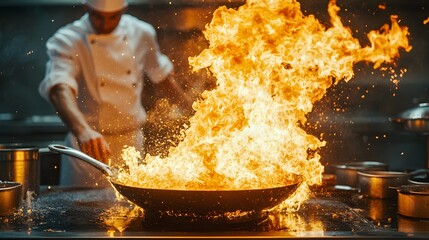 Close-up of a fiery pan, flames rising as a chef expertly flips ingredients, heat and intensity in every motion, chaotic yet controlled atmosphere