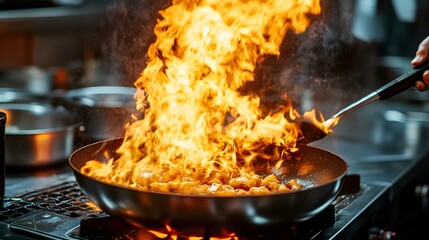 Close-up of a fiery pan, flames rising as a chef expertly flips ingredients, heat and intensity in every motion, chaotic yet controlled atmosphere