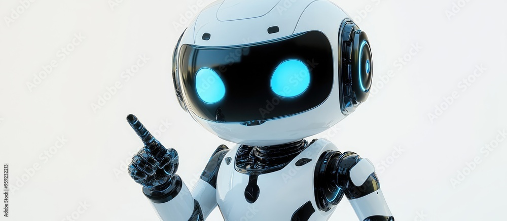 Poster 3d rendering of a cute ai robot with a pointing finger isolated on a white background