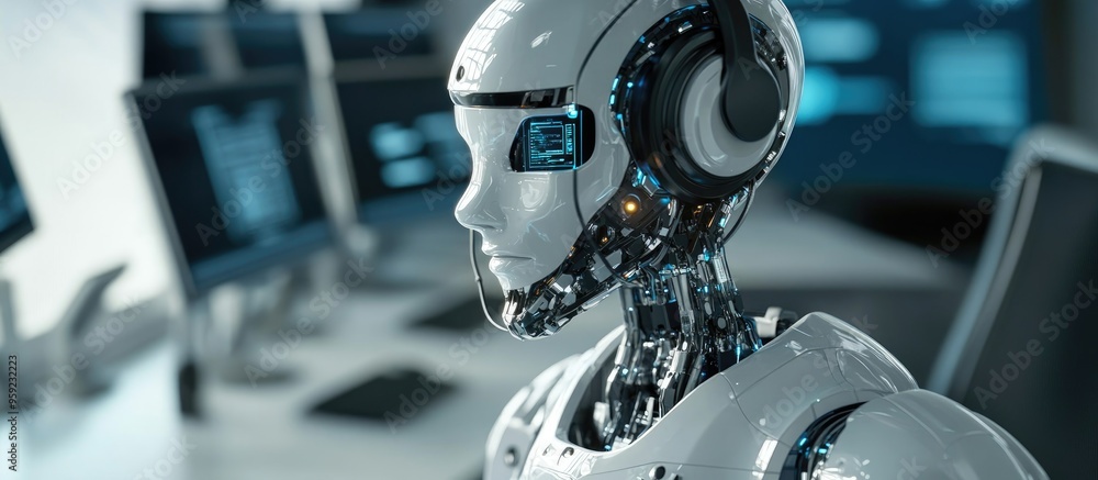 Poster ai robot with a headset engaged in office work representing concepts of artificial intelligence busi