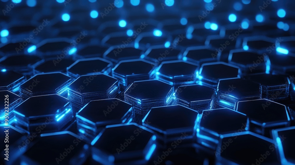 Poster abstract low poly hexagonal background featuring dark tones and blue glow elements conceptual hud de