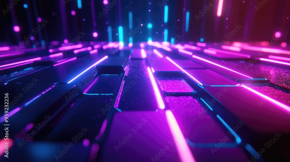 Poster 3d rendering of a glowing neon laser beam in purple and blue on a dark abstract hexagonal sci fi sta
