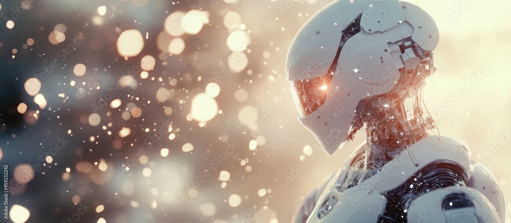 Poster white robot generating futuristic technology structure with 3d rendering against a blurred backdrop