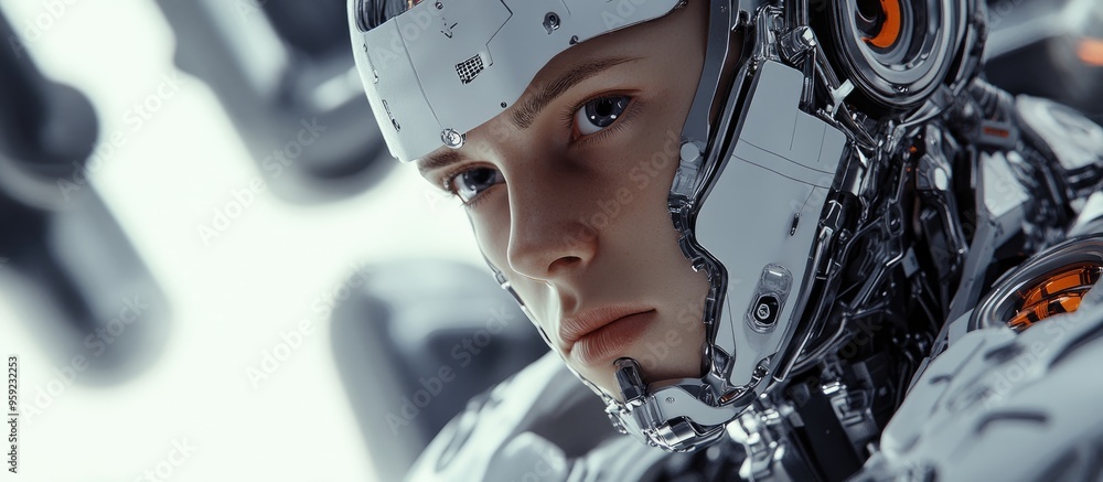 Poster ultra realistic 3d rendering of a bionic android character showcasing a futuristic cyborg design