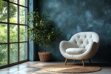  Japandi, minimalist interior design of modern living room with accent armchair and grey mock up wall with copy space.