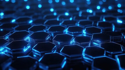 Fototapeta premium Abstract low poly hexagonal background featuring dark tones and blue glow elements Conceptual HUD design 3D rendering