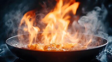 Close-up of a pan on fire, food sizzling as flames rise, smoke swirling, dynamic composition, dark kitchen atmosphere, high-energy, vibrant colors, realistic textures