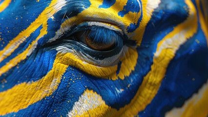 Close-up of a zebra with blue and yellow stripes