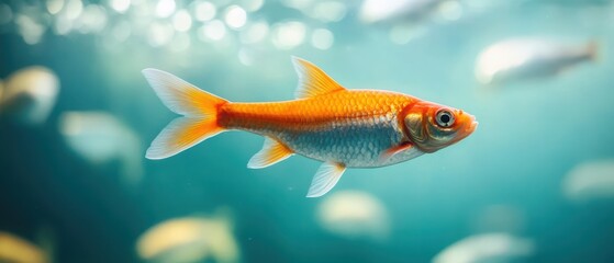 Fototapeta premium An elegant orange fish swimming gracefully in clear water, showcasing its vibrant colors and fluid movement.