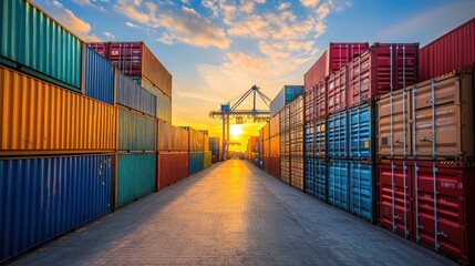 Fototapeta premium A vast container yard bathed in sunset hues showcases towering stacks of cargo containers, creating a striking silhouette against the sky