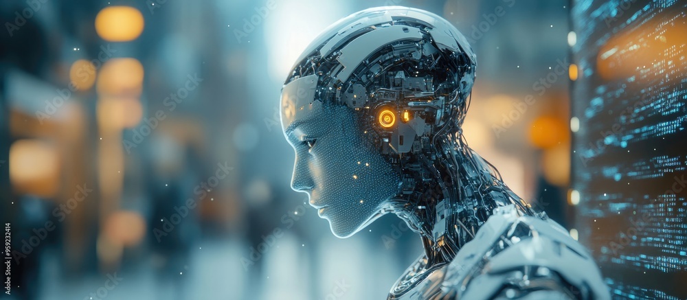 Poster cyborg in a blurred setting generating 3d renditions of artificial intelligence