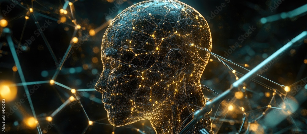 Poster ai learning robot in a virtual neural network rendered in 3d