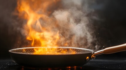 Close-up of flames engulfing a frying pan, kitchen on fire, thick smoke billowing, dark ambiance, glowing embers, surreal, pop art, bold colors, extreme detail