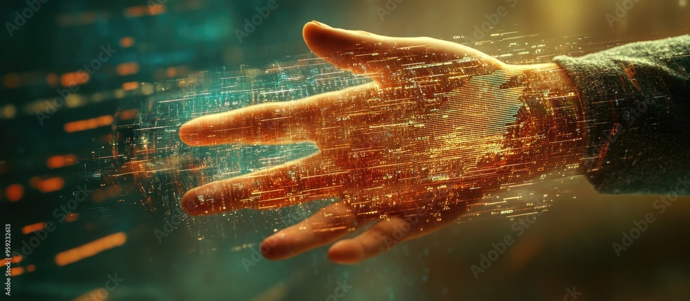 Poster double exposure of a writing hand over a backdrop featuring a data technology hologram representing 
