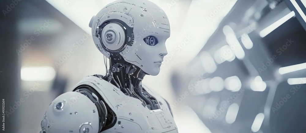 Poster 3d rendering of an ai robot engaged in tasks within a modern automated work environment