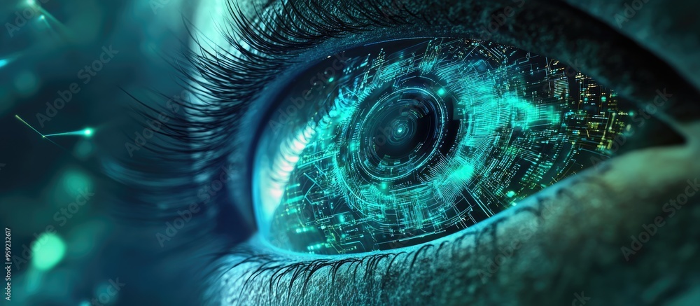 Poster blue green eye with cyber circuit design representing concepts of future technology against a dynami