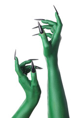 Green hands of witch on white background. Halloween celebration