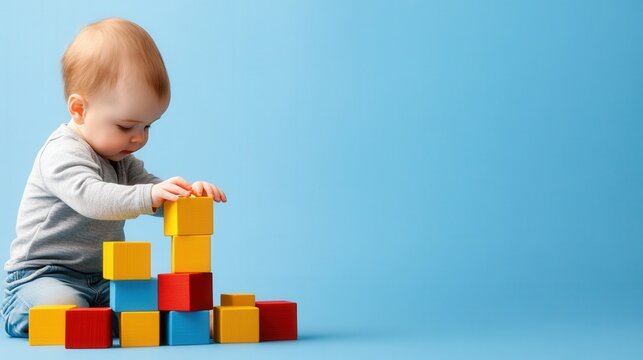 a baby with toy blocks, the toy blocks are staked like a financial bar chart  copy space