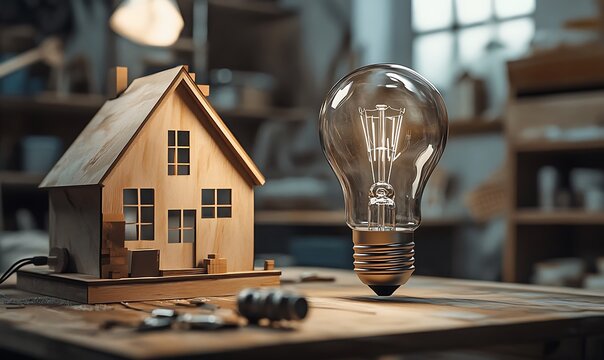 Wooden Model House with Illuminated Light Bulb - Powered by Adobe