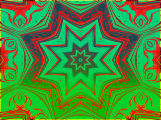 A vibrant starburst pattern radiates from the center with layers of red, yellow, and hints of purple. The design features intricate, swirling details creating a sense of dynamic movement.