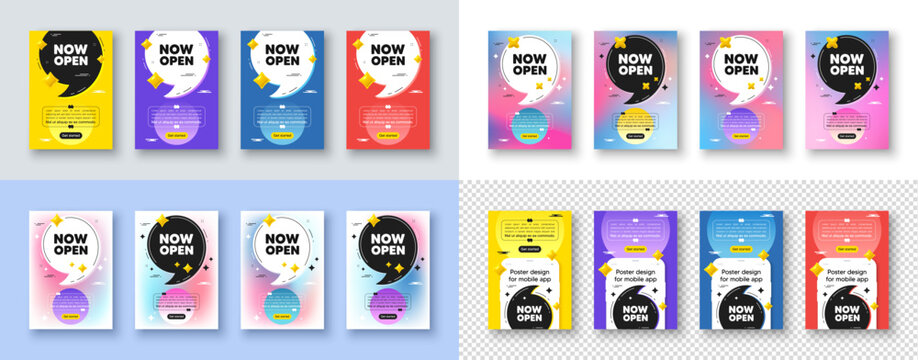 Poster templates design with quote, comma. Now open tag. Promotion new business sign. Welcome advertising symbol. Now open poster frame message. Quotation offer bubbles. Comma text balloon. Vector