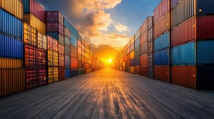 Fototapeta premium Rows of colorful shipping containers tower in a container yard as the sun sets, casting warm hues across the asphalt path