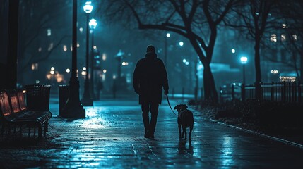 A quiet nighttime stroll in the park with a dog under the streetlights on a rainy evening