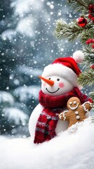 Fototapeta premium Christmas snowman and gingerbread man in the snow by a tree, copy space, card