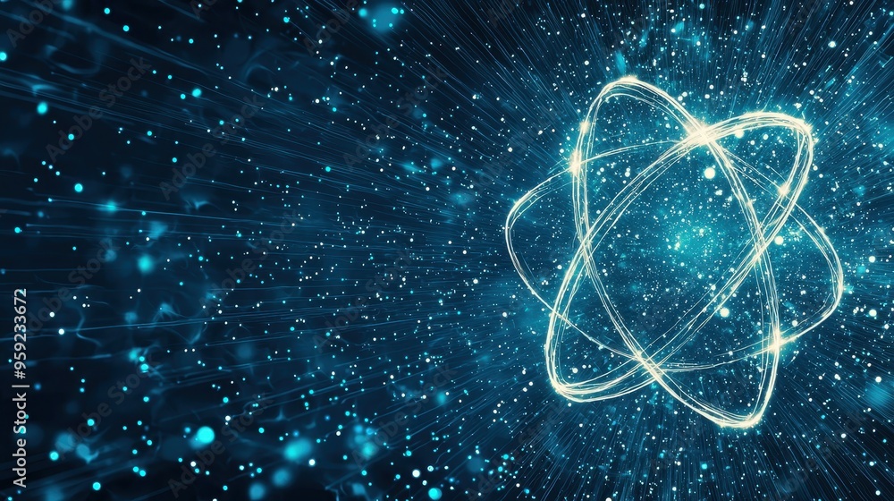 Poster abstract blue atomic structure with glowing lines and particles