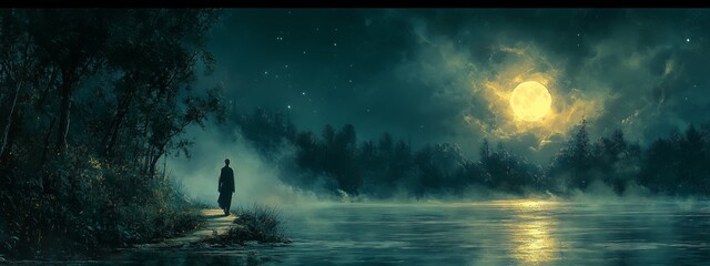 Fototapeta premium A solitary figure walks along a misty lakeside path under a bright full moon in a serene nighttime landscape