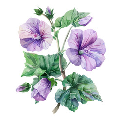 Watercolor of Mallow flower, isolated on a white background, and Mallow vector