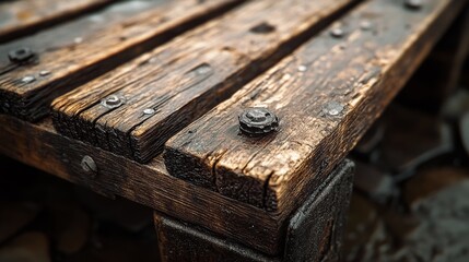 Obraz premium Close-up of a weather-beaten wooden pallet, rendered in a steampunk aesthetic, sepia tones, intricate details, metallic accents blending with wood textures