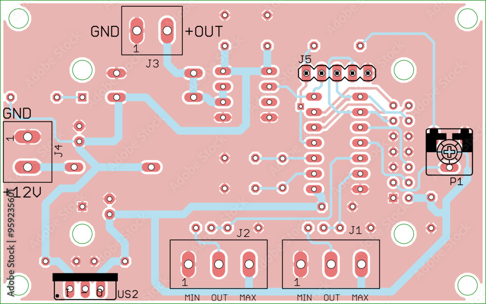 Poster vector printed circuit board of electronic device with components of radio elements, conductors and 