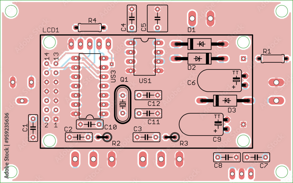 Poster vector printed circuit board of electronic device with components of radio elements, conductors and 