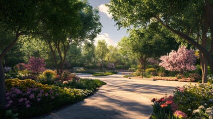 Fototapeta premium Enchanting Garden Path Surrounded by Lush Foliage and Blooming Flowers in a Serene Nature Setting