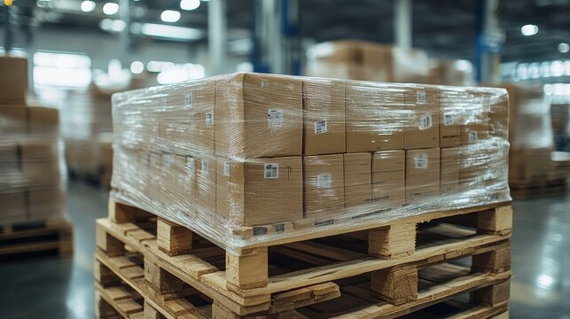 Close-up of a wooden pallet on a warehouse floor, cartons stacked neatly and tightly wrapped in shrink wrap, with the industrial atmosphere softly blurred