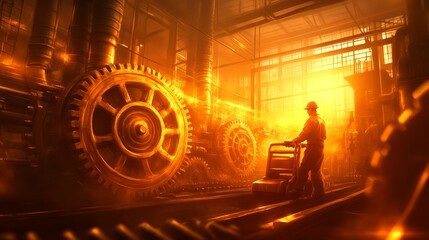 Close-up of a worker pulling a pallet jack through a steampunk-themed factory, intricate gears and steam pipes in the background, warm tones, vintage style, detailed illustration