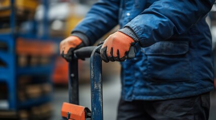 Close-up of a worker's hands gripping a pallet jack, heavy load in focus, with blurred factory background, highlighting the effort and tools of the trade