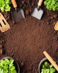 Gardening tools and fresh green plants surrounding rich soil
